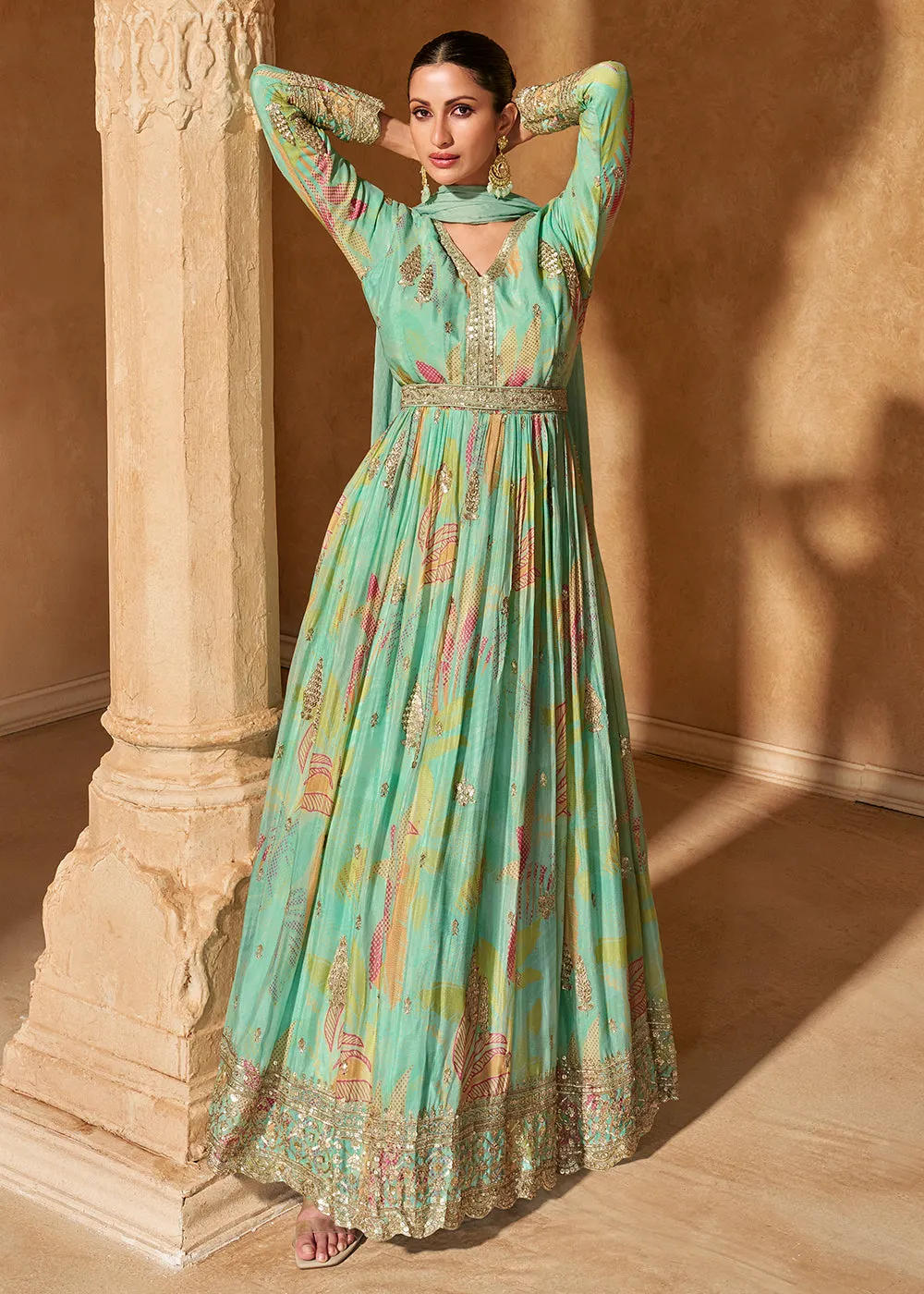 Turquoise Digital Printed Embroidered Chinnon Silk Anarkali Gown