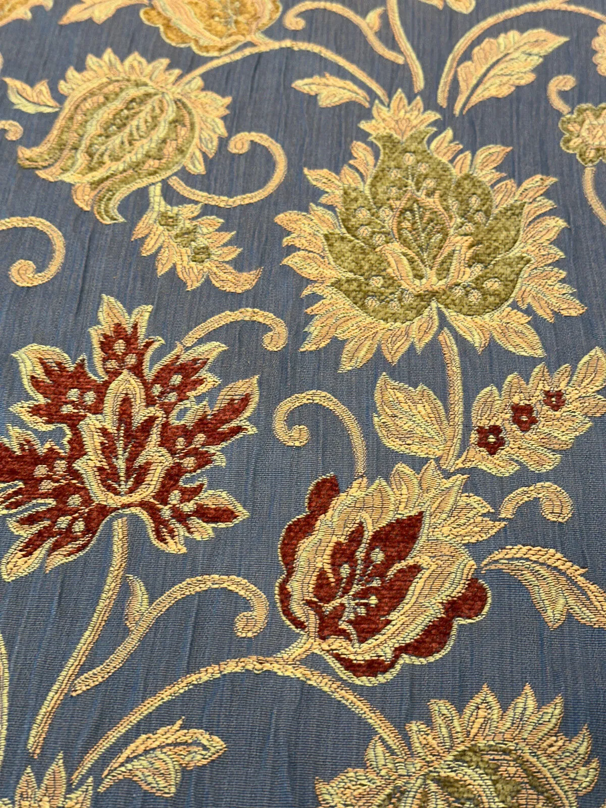 Twilight Blue Floral Designer Chenille Upholstery Fabric By The Yard