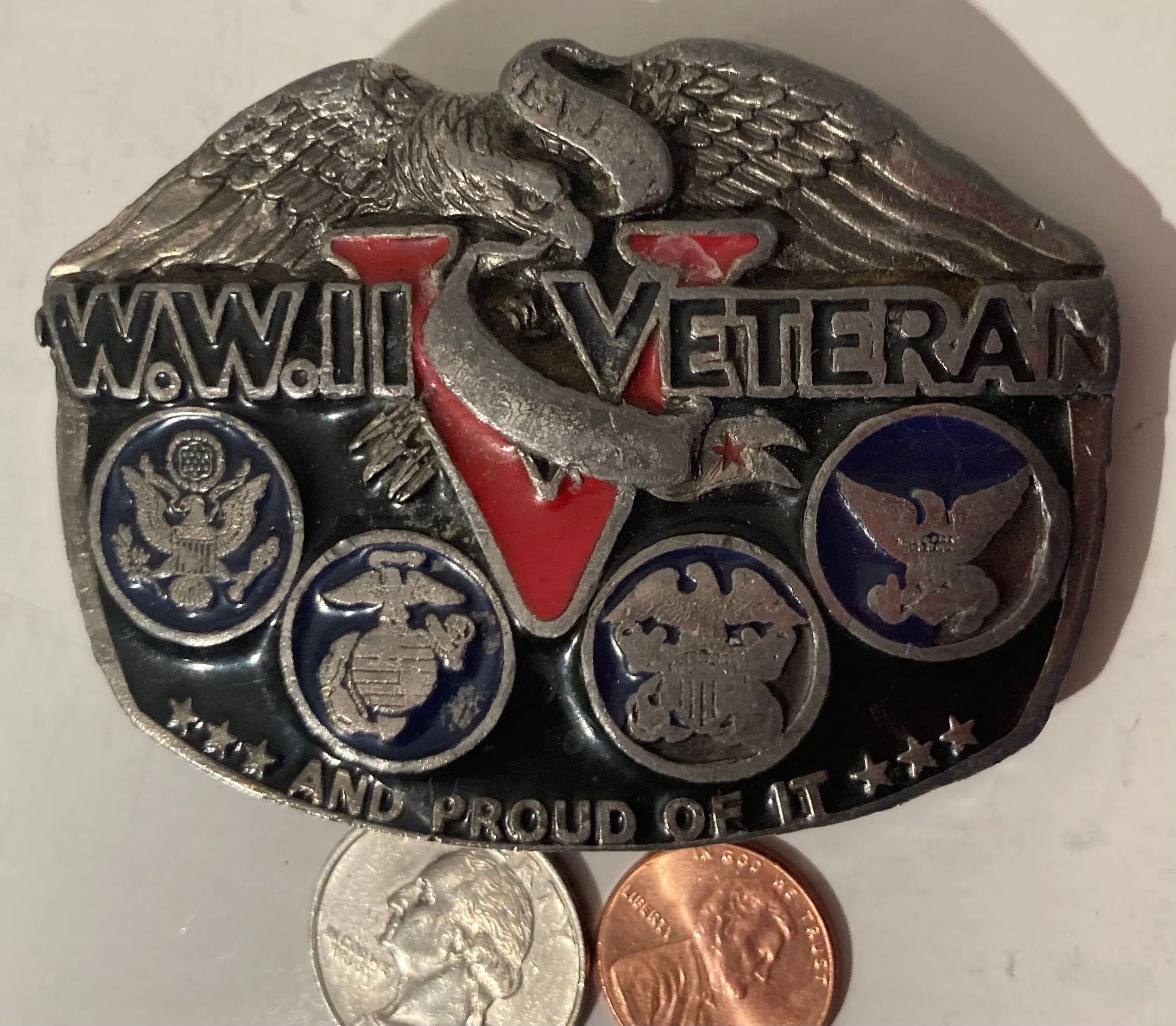 Vintage 1988 Metal Belt Buckle, WWII Veteran, And Proud Of It, Army, Navy, Marines, Air Force, Heavy Duty, Quality, Clothing Accessory