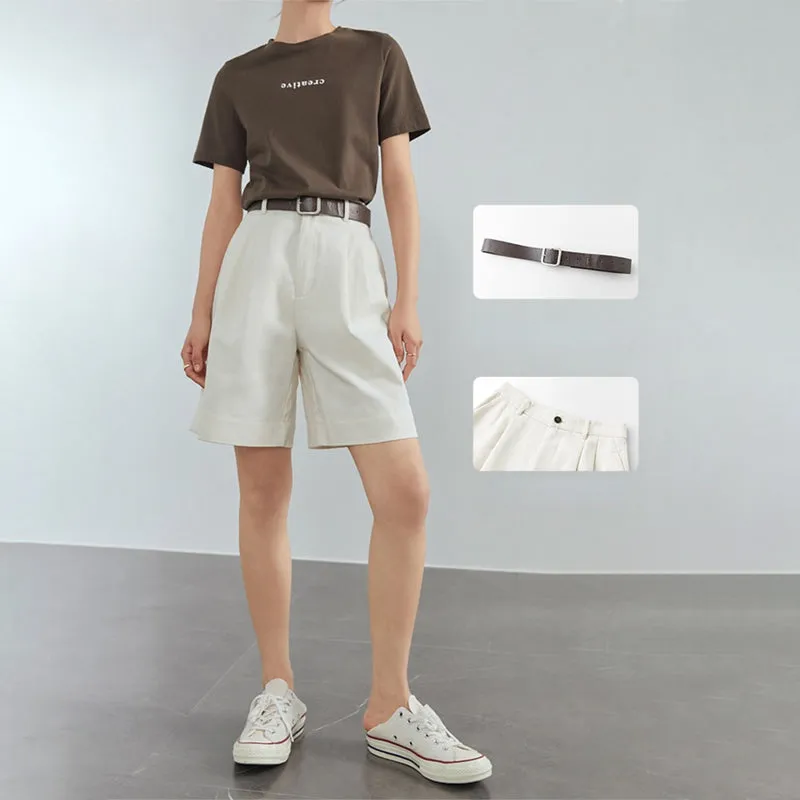 White Versatile Straight Cut Knee-length Short Pants